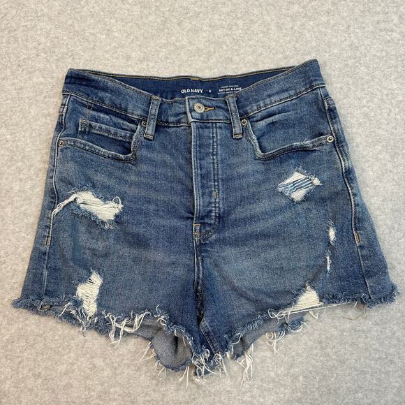 Old Navy Sky Hi A-Line Cut-Off Short WMNS 8 Blue High Rise Distressed Button Fly - Picture 2 of 7